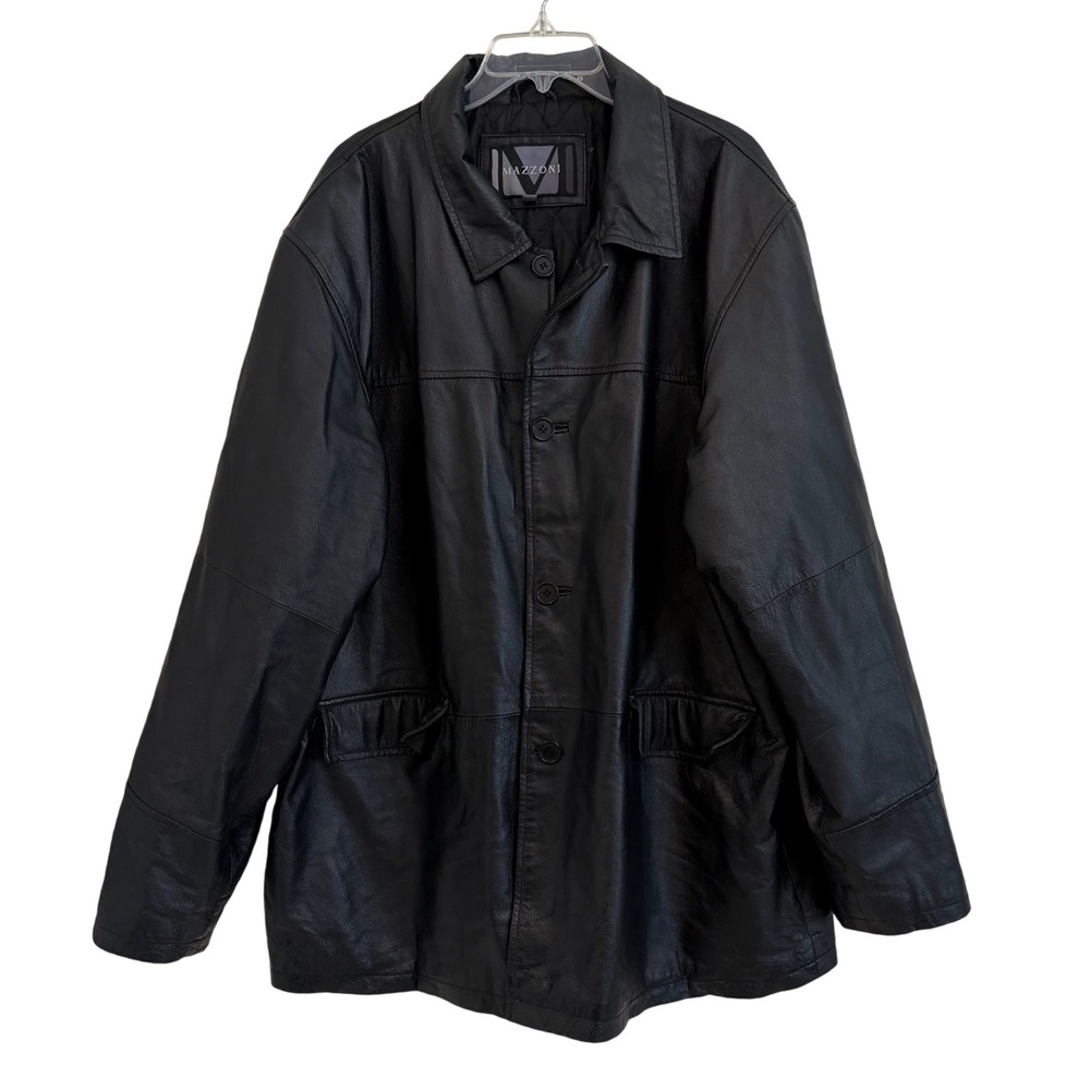 Vintage 90s Mazzoni Black Genuine Leather Car Coat Jacket Men XXL Quilted Lining